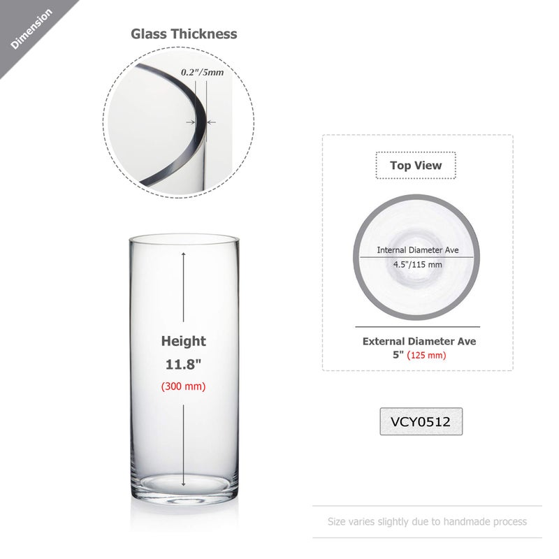 WGVI WGV Quality Thick Cylinder Vase, Diameter 5", Height 12", Clear Glass Floral Planter Container, Tall Centerpiece Arrangement for Wedding Home Decor, 1 Piece - Image 2